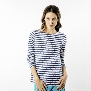 SAINT JAMES 🇫🇷 Blue White Breton Stripes Sailboats Long Sleeve Cotton Tee S…